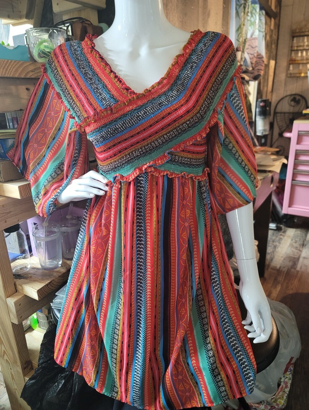 Flying Tomato Striped V-Neck Midi Dress in Red, Teal, Black